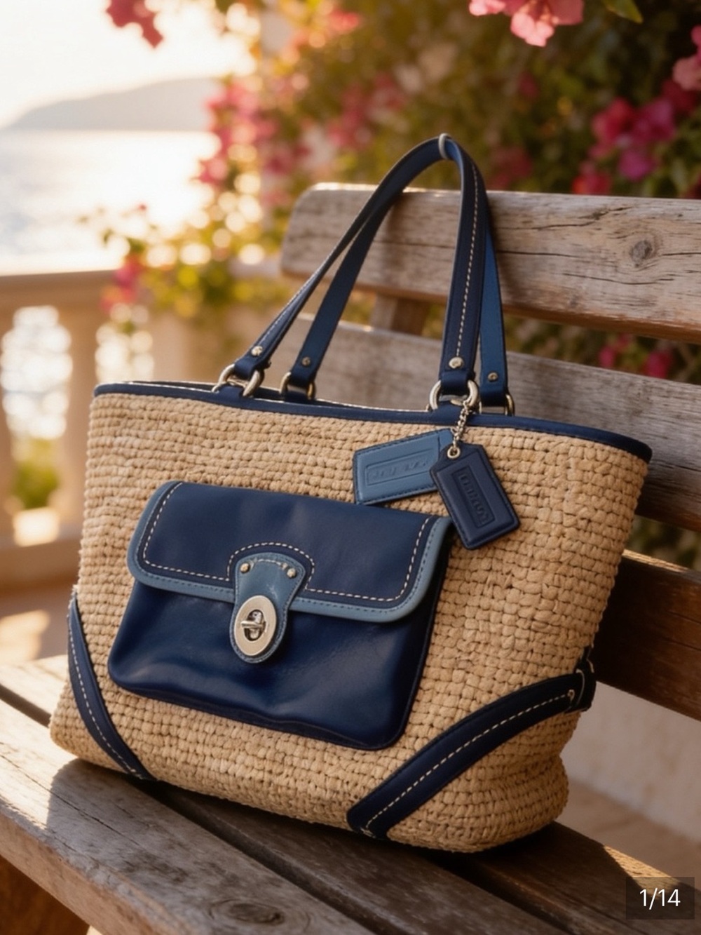 Coach vintage legacy,turn lock tote bag,raffia plus denim,navy leather trim NWOT